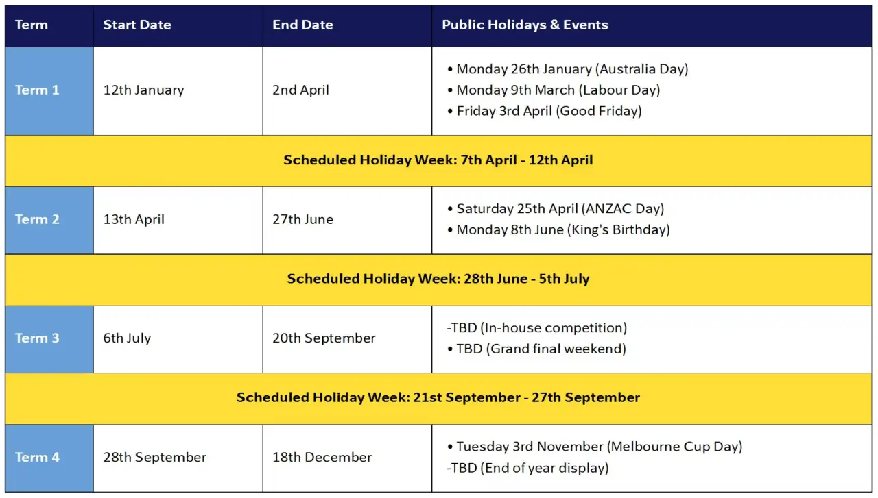 2026 class calendar with terms, start and end dates, public holidays and scheduled holiday weeks.