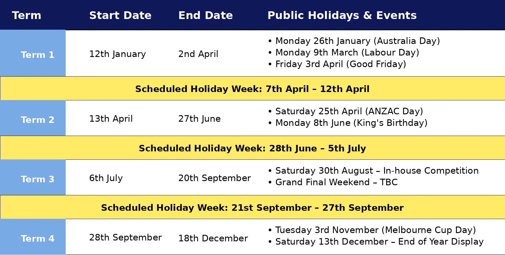 2026 class calendar with terms, start and end dates, public holidays and scheduled holiday weeks.