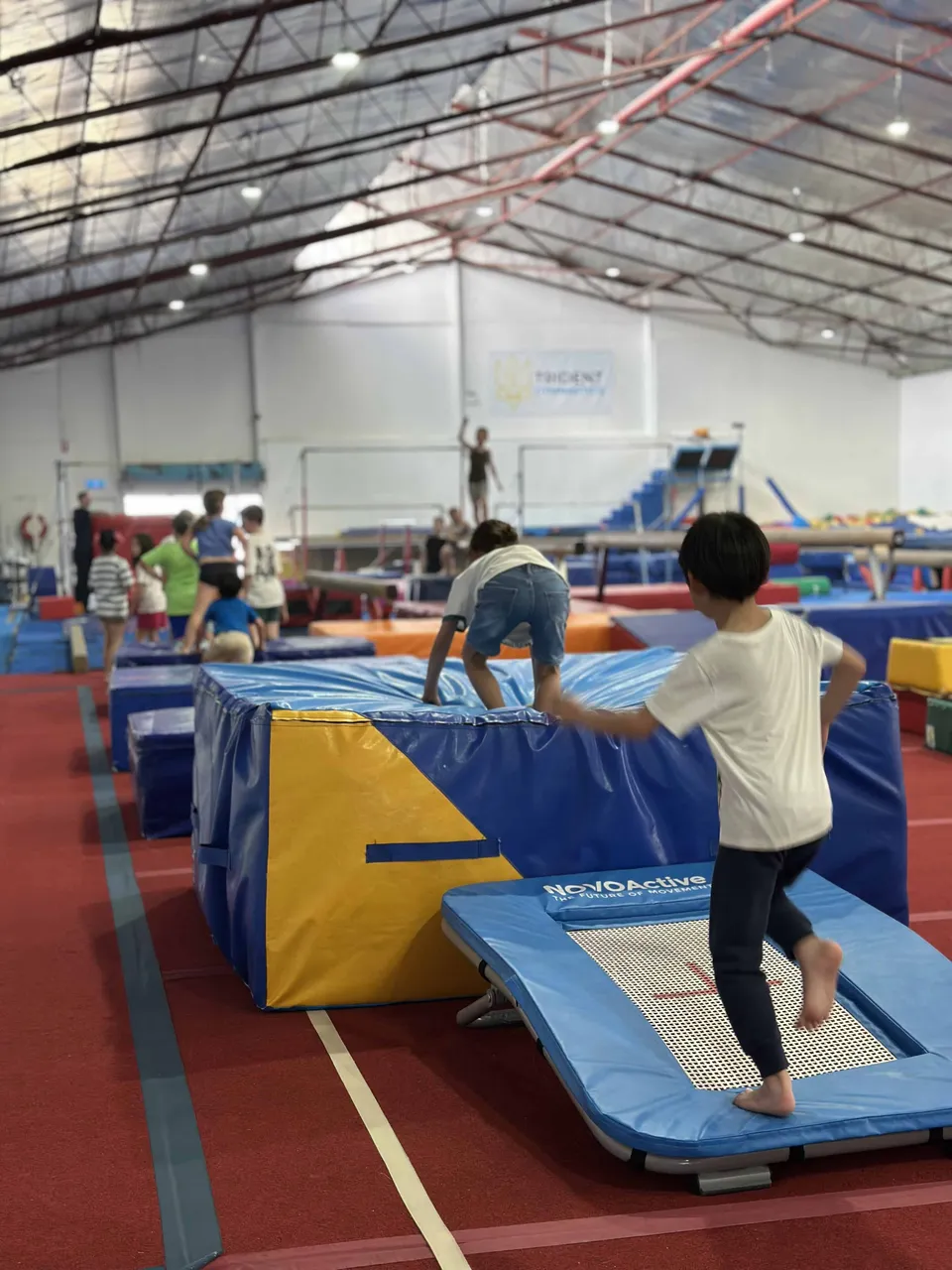 Athletes running and vaulting over a padded box onto a landing mat